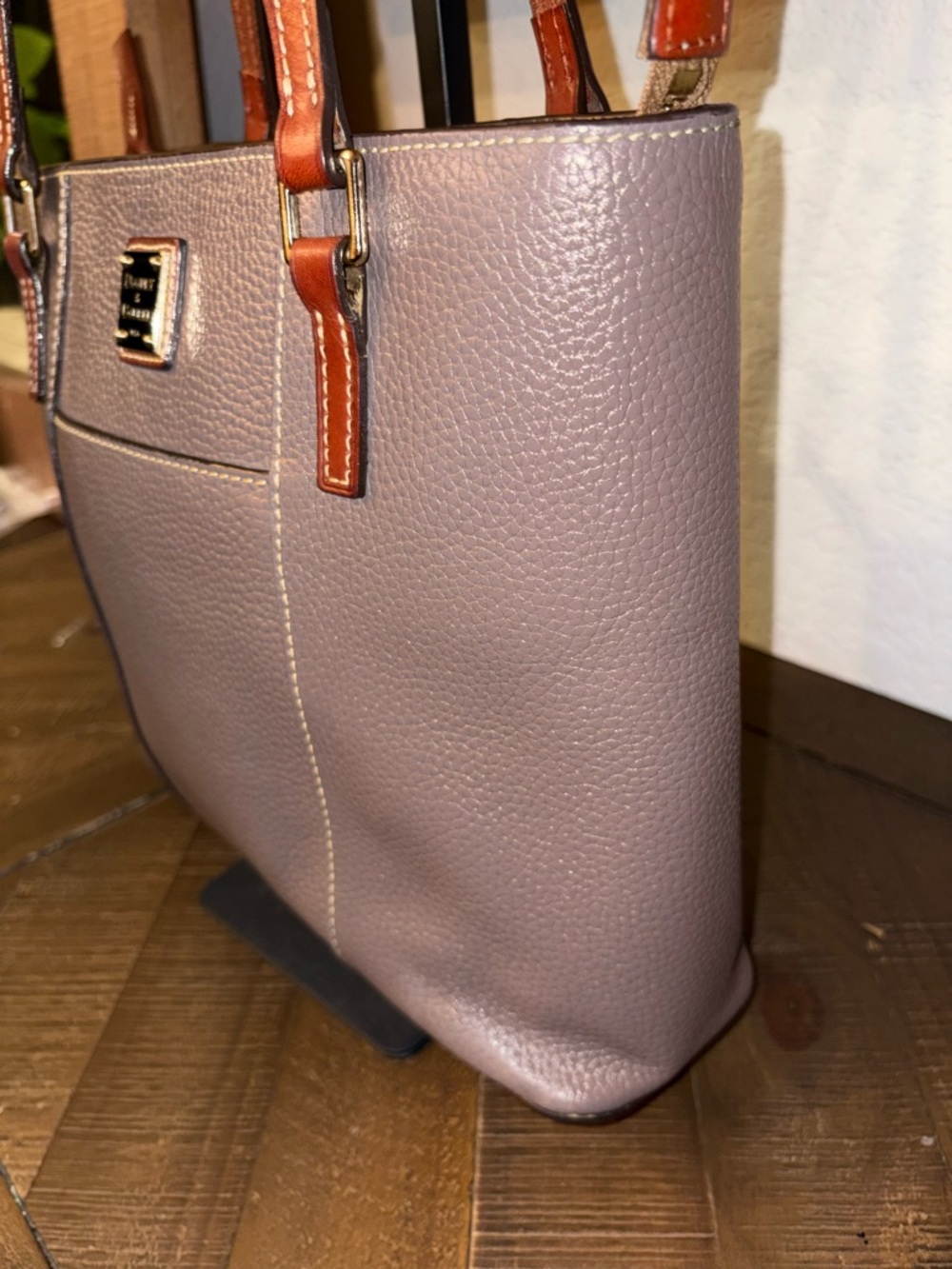 Dooney & Bourke Pebble Leather Tote Taupe Gray British Tan Trim Shoulder Bag - Picture 7 of 13